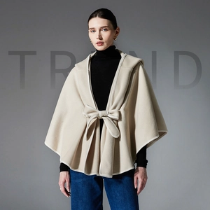 Women Hooded Shawl Cloak Wrap Double Sided Fabric With Bow Tie Waist Belt Contrast Trim Warm Winter Cape Coat