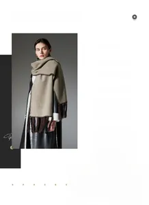 Detail of coffee brown double-sided fleece scarf with contrast stitching and long fringe