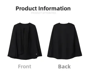 Front and back view of a minimalist black sleeveless wool poncho cape for women
