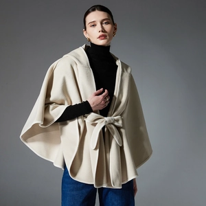 Elegant beige hooded cape coat with waist tie and premium double-sided wool finish