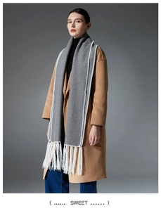 Detail of dark grey winter scarf with white wavy stitched edges and long tassel fringes