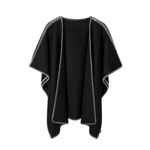 Elegant black double-sided wool cape with white blanket stitch detailing for women