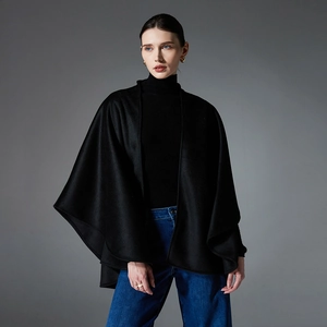 Châle classique en laine double face noire avec ceinture pour femmes en automne hiver