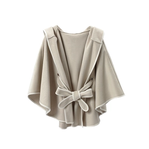 Elegant beige hooded cape shawl with waist bow belt and contrasting white piping trim