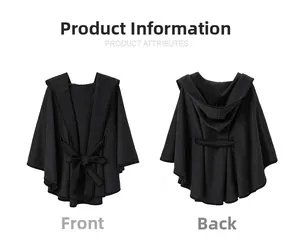 Front and back views of a black hooded wool cape featuring a waist tie and loose cut