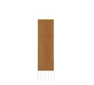 Detail of camel wool scarf showing white contrast stitching and long fringe trim