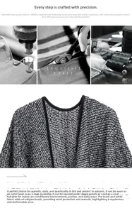 Close-up of thick black and white bouclé yarn wool shawl with detailed weaving texture