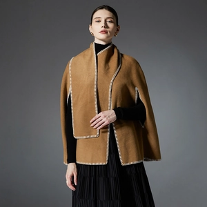 Women's camel stitching detail cloak cape scarf with sleeveless wool-like fabric design