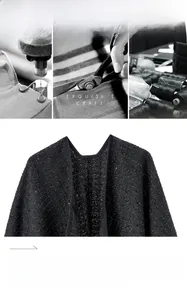 Exquisite craft detail of black tweed wool shawl with shimmering sequins and edge binding