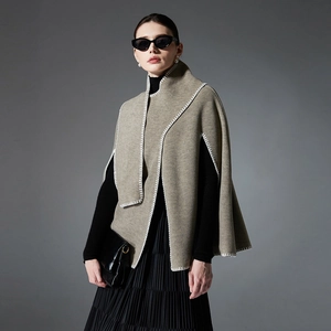 Elegant khaki stitched poncho cape for women with white contrast stitching detail