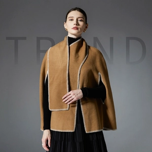 Women Elegant Camel Poncho Shawl With White Whipstitch Detail Double Faced Wool Like Warm Wrap For Winter Fall Fashion