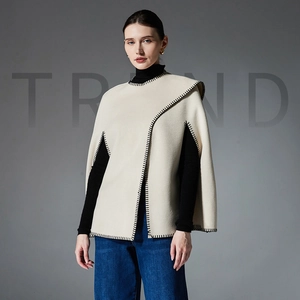 European Style Double Sided Woolen Shawl Wrap For Women Contrast Whipstitch Edging Cape Poncho Autumn Winter Warm Cloak