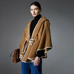 Camel hooded double-faced wool poncho with white piping and waist tie for autumn and winter