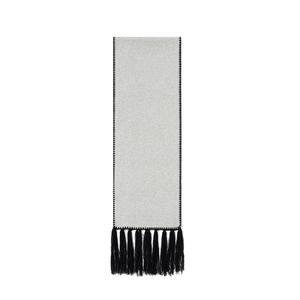 Light gray rectangle scarf with black stitching and long tassels on white background