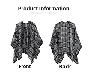 Front and back view of a black and white tweed check knit shawl with piped edges