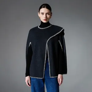 Women Double Faced Wool Cape Poncho With Contrast Stitching Minimalist Winter Warm Shawl Wrap For Casual Office Travel Wear