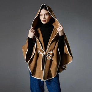 Elegant camel hooded wool cape with white contrast trim and waist tie for women