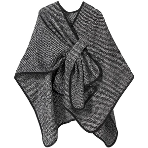 Thick black and white boucle wool blend knit poncho for women with V-neckline drape