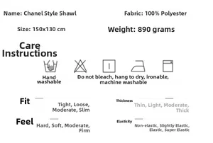 Detailed size chart and 100% polyester fabric specs for black white plaid shawl wrap
