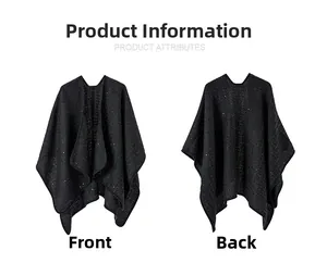 Front and back view of a black wool shawl with shimmering sequins for women