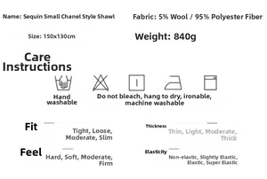 Detailed size chart for black sequin wool blend shawl with 150x130cm dimensions and care guide