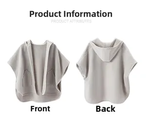 Détails avant et arrière du poncho à capuche gris clair avec poches et bords bordés