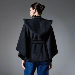 Elegant dark grey hooded wool cloak coat with waist belt and black piping trim back view