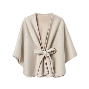 Eleganter beiger Wollmischung-Poncho für Damen mit großer dekorativer Schleife vorne