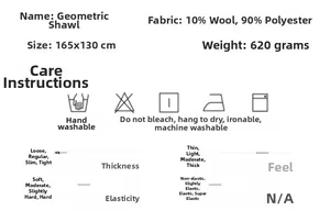 Detail specifications of 165x130cm geometric shawl made of 10% wool and 90% polyester