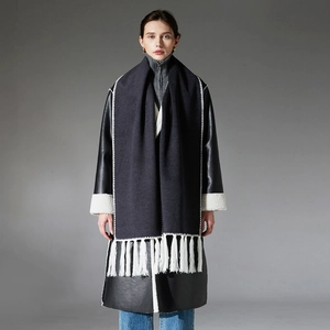 Women's long coat and fringe scarf set in premium black leather with white wool trim