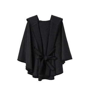 Women's hooded wool blend poncho with a waist tie belt and elegant black trim detailing
