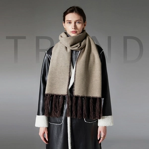 Minimalist Solid Color Winter Scarf For Women Men Soft Warm Polyester Long Fringe Tassel Scarf With Zig-zag Stitching Detail