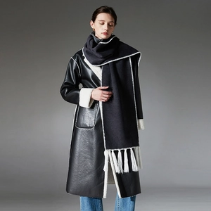 Deep grey double-sided wool scarf with stylish fringe and contrast stitching detail
