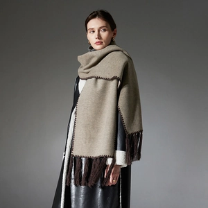 Premium solid color coffee scarf with tassel fringe and thick handmade stitching details