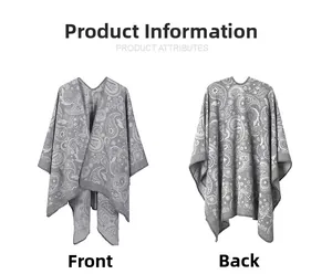 Detailed front and back view of grey paisley jacquard wool blend knit shawl wrap