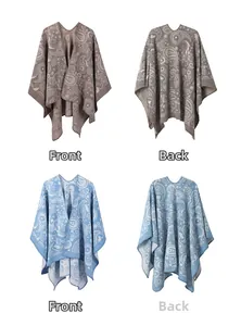 Detailed knit texture of paisley wool blend wrap shawl in brown and blue color options