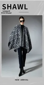 Fashionable leopard print knit shawl cape in black and grey for autumn and winter style