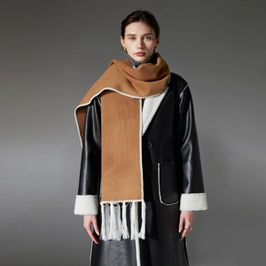Caramel double-faced wool scarf with white fringe and embroidery for women winter