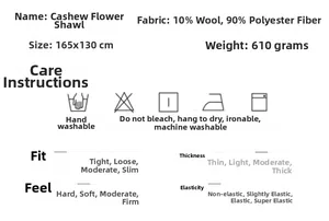 Detailed size and material guide for paisley wool shawl 165x130cm with care instructions