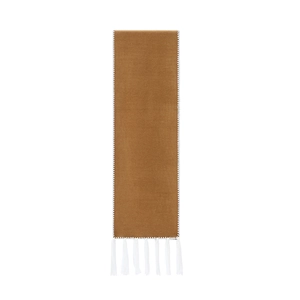 Classic camel brown rectangle scarf with white zigzag edging and fringe tassels