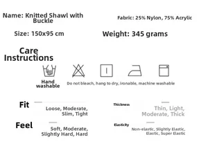 Detailed material specifications for knit shawl featuring 25% nylon and 75% acrylic