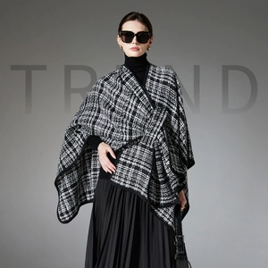 Women Elegant Black White Plaid Tweed Shawl Poncho Open Front Winter Warm Oversized Cape Scarf For Ladies Office Daily Wear