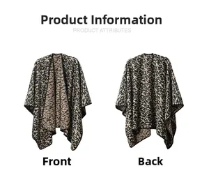 Detailed front and back view of leopard print knitted shawl with premium black hem