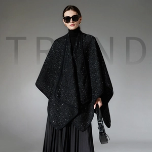 Women Elegant Black Sequined Tweed Shawl Cape Wrap For Winter Warm Woolen Contrast Binding Poncho For Party Banquet Fashion