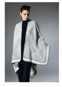 Close-up of geometric jacquard pattern and edge stitching on thick knit wool shawl