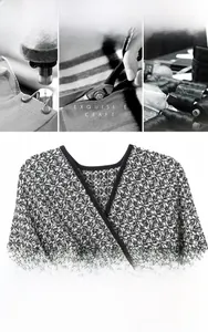 Detailed view of women's wool poncho featuring exquisite craft and black piping finish
