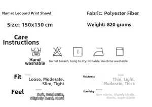 Detailed size and material chart for leopard print shawl 150x130cm with care instructions