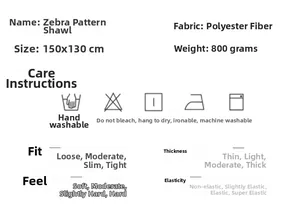 Tabella dettagliata su materiale, misura 150x130cm e cura per lo scialle zebrato