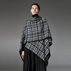 Elegant black and white plaid shawl cape with irregular hem for women fashion
