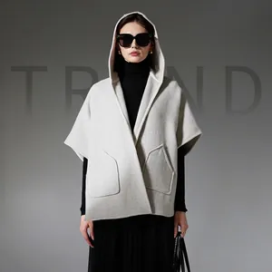Cape à Capuche pour Femme Mélange de Laine Cachemire Châle Couleur Unie Détail Point de Feston Avec Poches Manteau Chaud Top